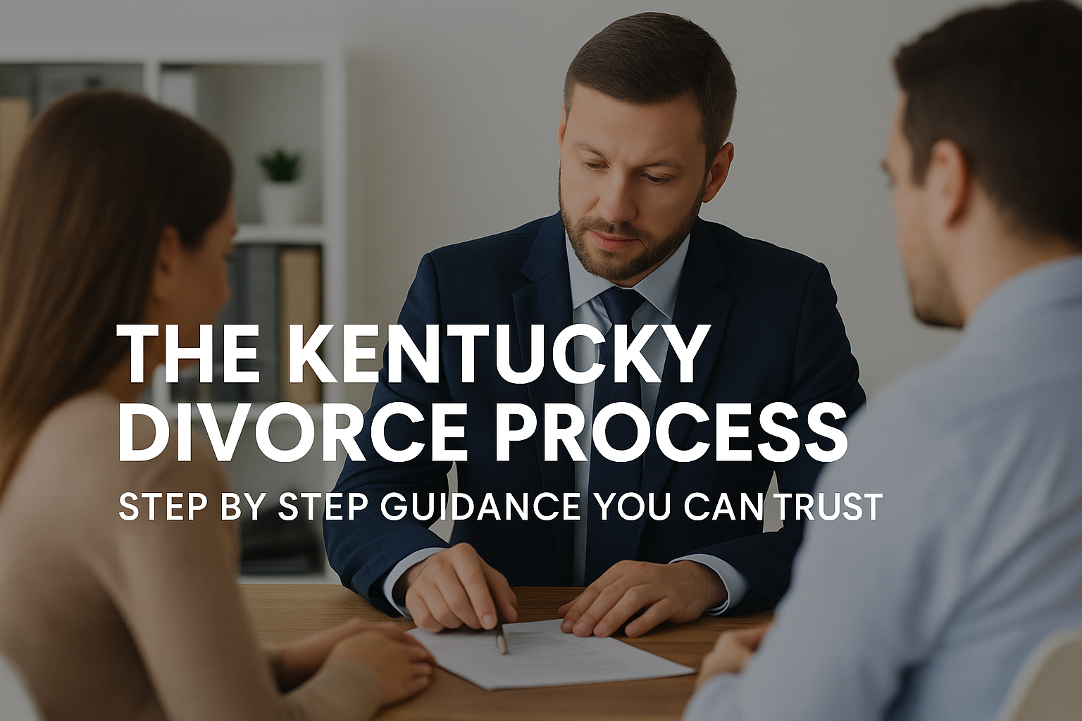 Attorney meeting with divorcing couple to discuss Kentucky divorce process in Richmond, KY.
