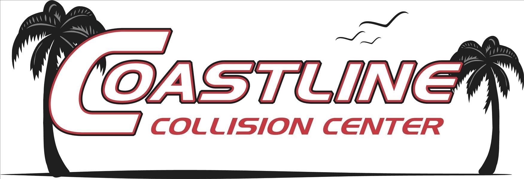 Coastline Collision Center logo with palm trees and birds.