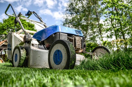 A blue and white lawn mower is sitting on top of a lush green lawn.