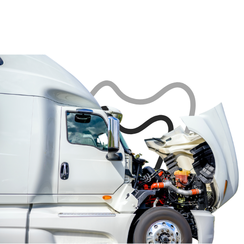 A white semi truck with its hood open and the engine exposed