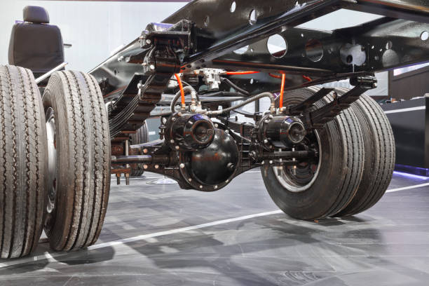 A close up of the rear axle of a truck.