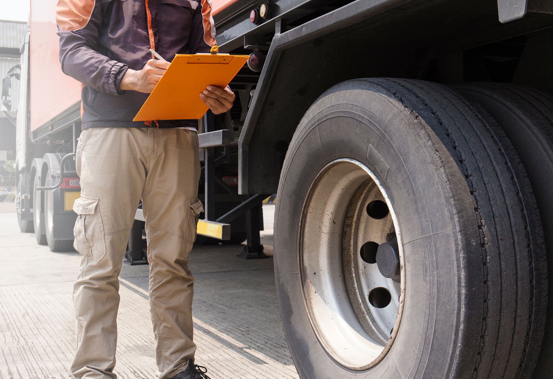 A man is standing next to a truck holding a clipboard and writing on it.