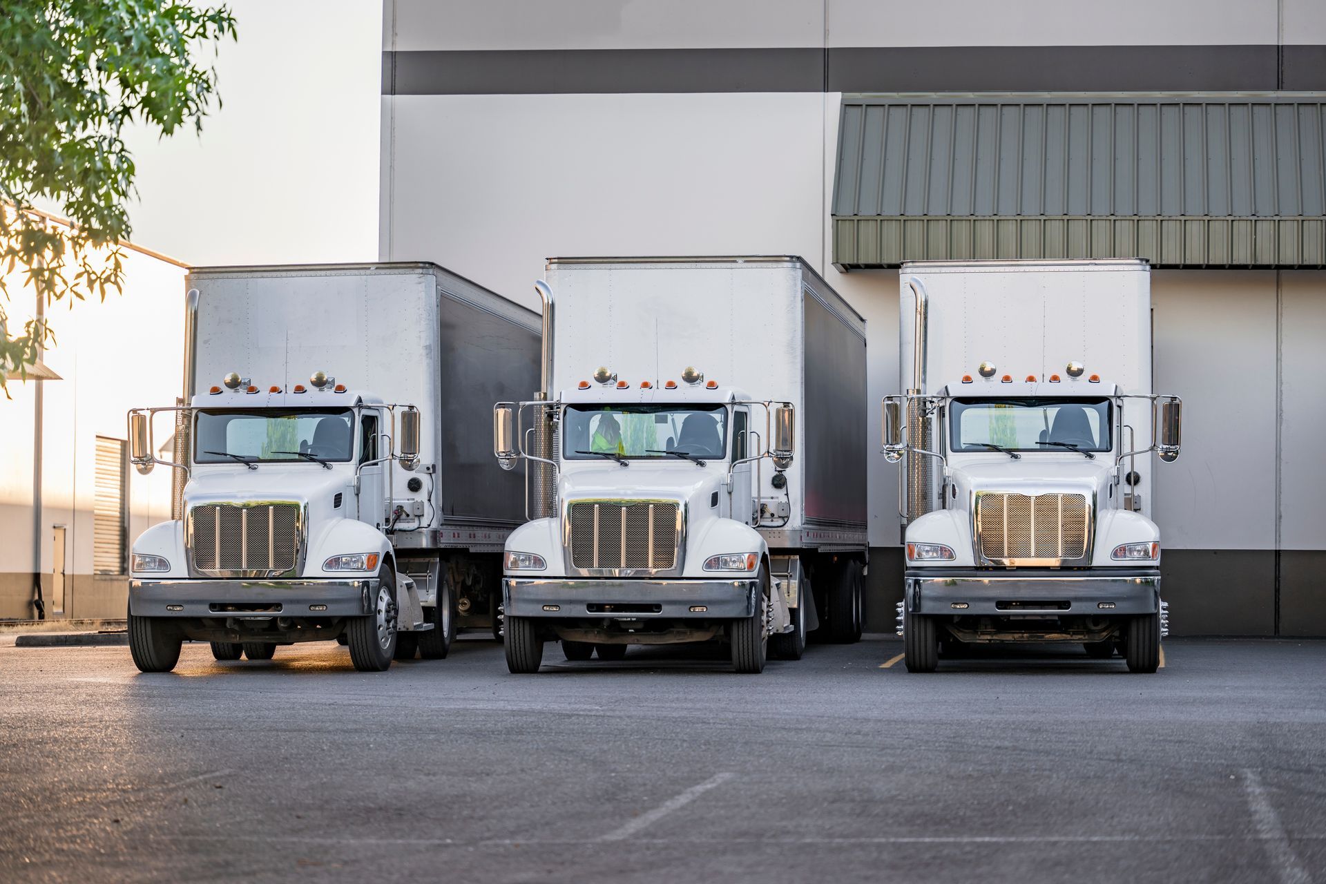 Three trucks are parked in a parking lot in front of a building.