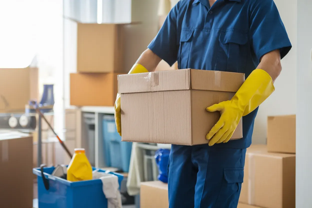 A man wearing yellow gloves is carrying a cardboard box.