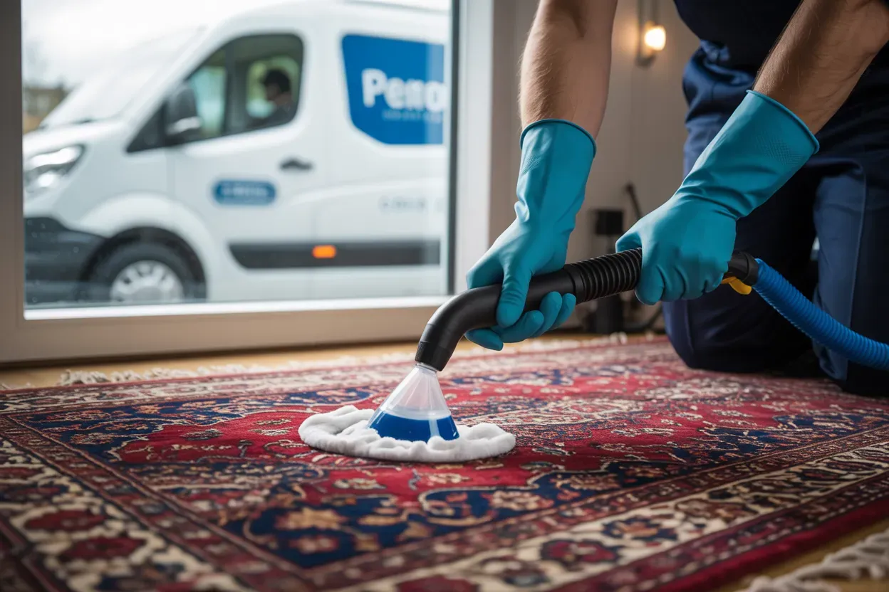 A person is cleaning a rug with a vacuum cleaner.