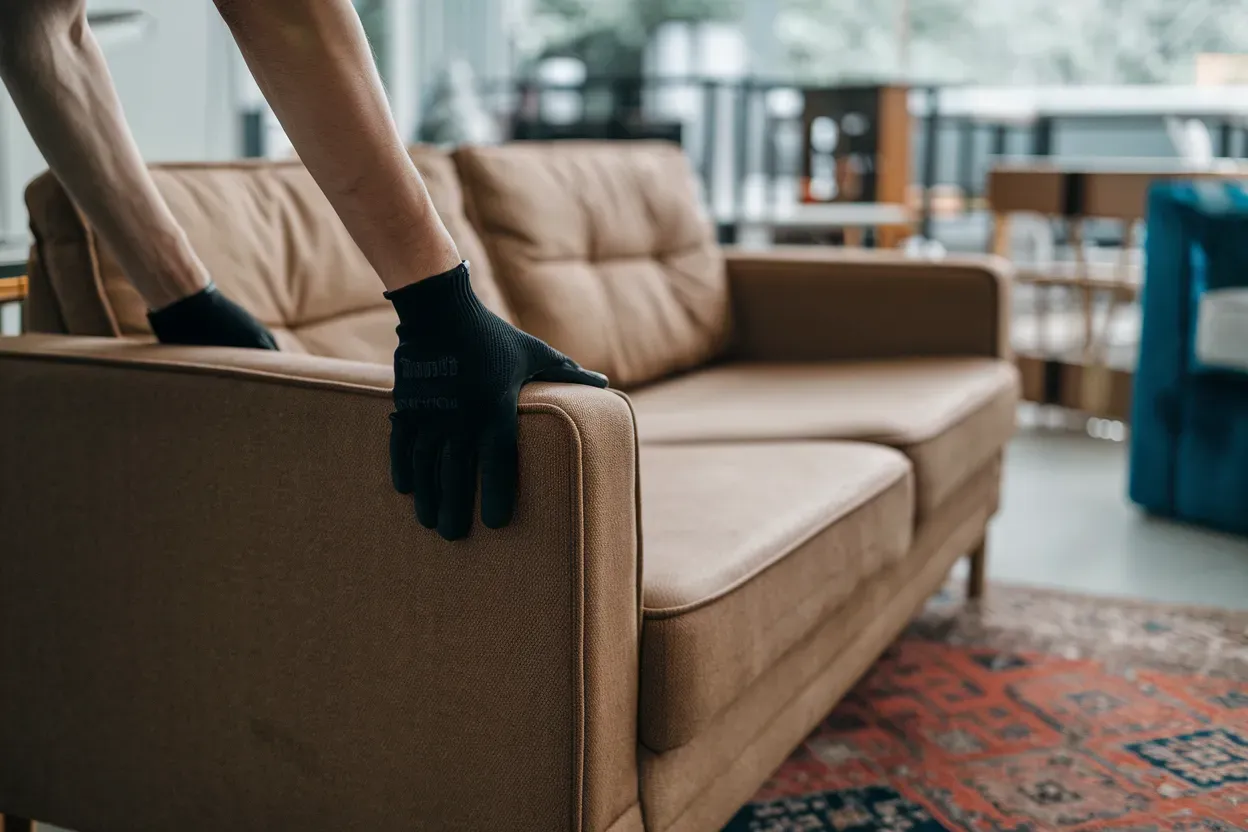 A person is holding the arm of a brown couch.