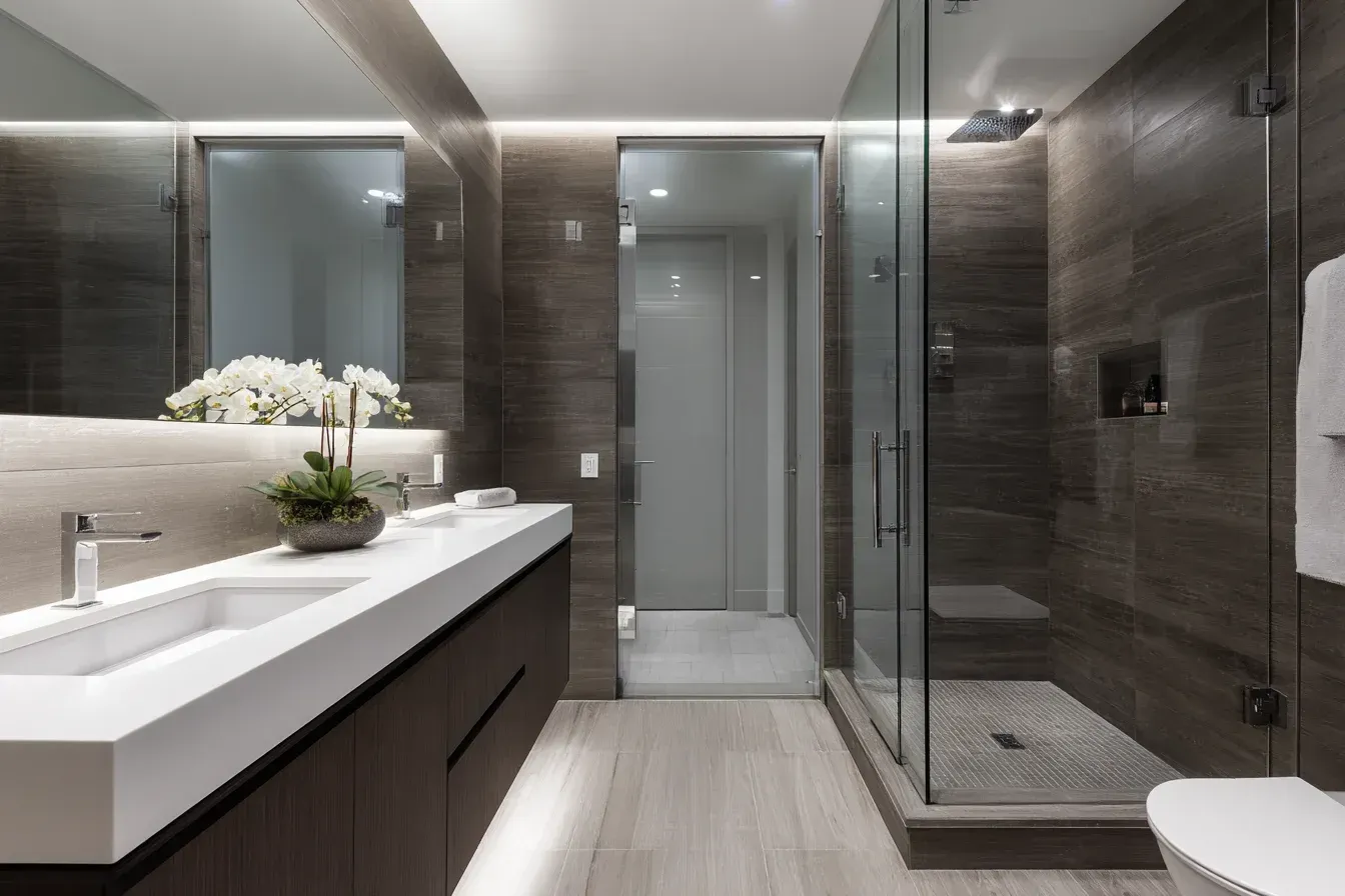 Bathroom renovation Coquitlam BC with polished porcelain tiles, ambient lighting, and premium shower enclosure upgrades.
Coquitlam bathroom remodel including tile wainscoting, brushed brass fixtures, and quartz vanity installations.
Bathroom renovations Coquitlam with durable waterproofing systems, heated flooring, custom mirrors, and modern showers.
Coquitlam bathroom renovation specializing in mosaic tile niches, linear shower drains, and textured wall tile designs.
Bathroom remodel Coquitlam with quartz slab walls, floor-to-ceiling tile installation, and frameless shower panels.
Coquitlam bathroom renovations featuring granite vanities, ceramic tile floors, and modern LED lighting systems.
Bathroom renovation Coquitlam BC with bathtub refinishing, fresh tile surrounds, and upgraded plumbing fittings.