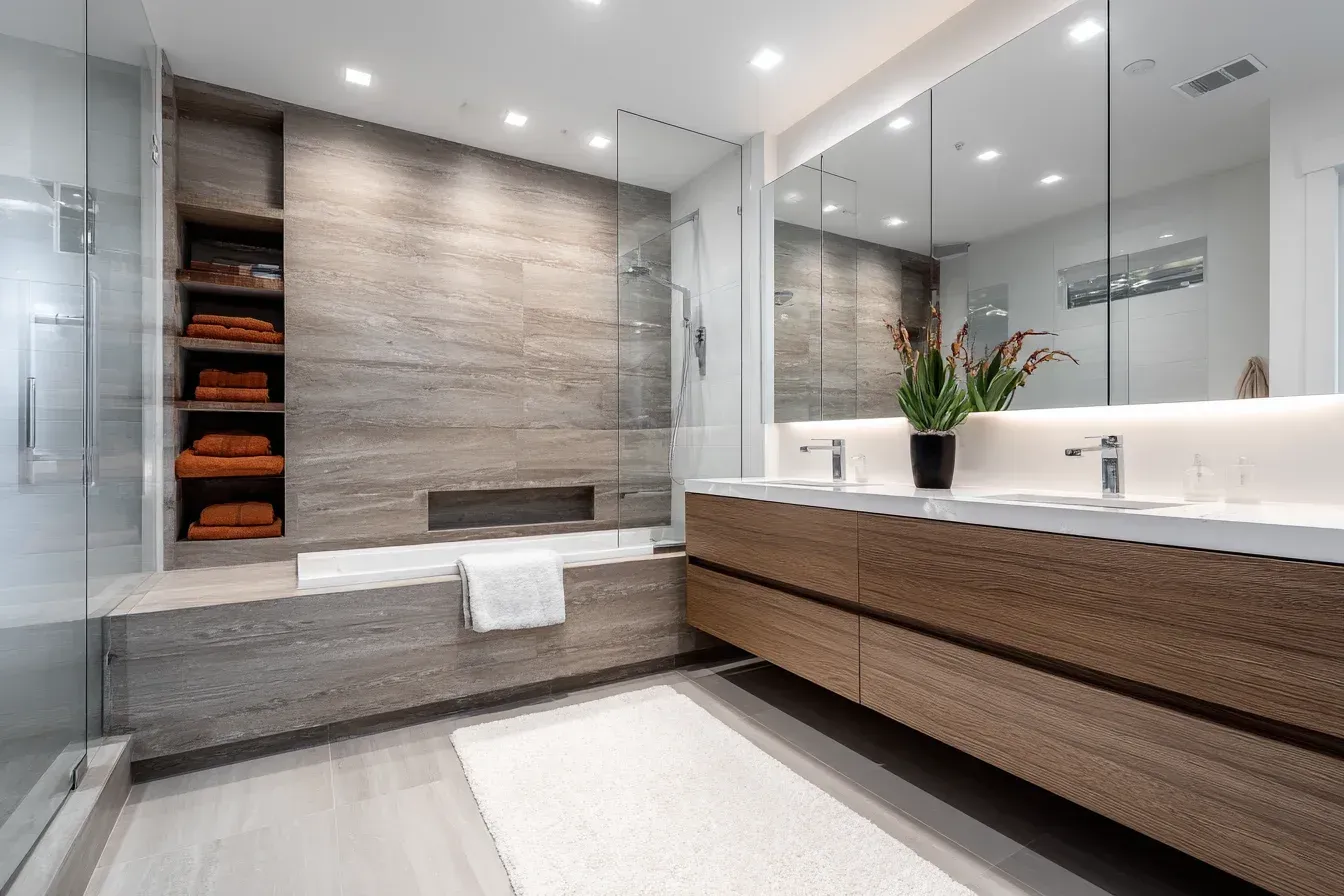 Coquitlam bathroom renovation installing porcelain slab tiles, floating shelves, frameless shower panels, and quartz vanities across Tri-Cities BC.
Bathroom remodel Coquitlam with complete tile demolition, modern shower fixtures, recessed LED lighting, and updated plumbing systems.
Coquitlam bathroom renovations featuring luxury rain shower installations, stone-look tile floors, and premium vanity upgrades.
Bathroom renovation Coquitlam BC using waterproof Schluter systems, durable grout, modern faucets, and LED vanity mirrors.
Coquitlam bathroom remodel adding accessibility-friendly walk-in showers, slip-resistant flooring, and grab bar installations.