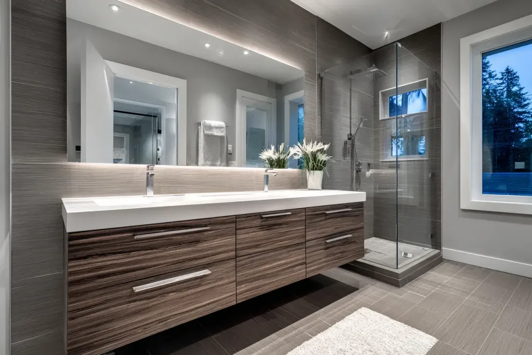 Bathroom renovations Coquitlam with heated tile flooring, quartz slab walls, sleek mirrors, and frameless glass showers.
Coquitlam bathroom renovation including shower retiling, tub replacement, plumbing upgrades, and new lighting fixtures.
Bathroom remodel Coquitlam using mosaic niche tiles, updated shower valves, and premium quartz counters.
Coquitlam bathroom renovations applying matte porcelain tiles, modern faucets, LED lighting strips, and stone vanities.
Bathroom renovation Coquitlam for older homes needing updated tile surrounds, subfloor repairs, and new fixtures.