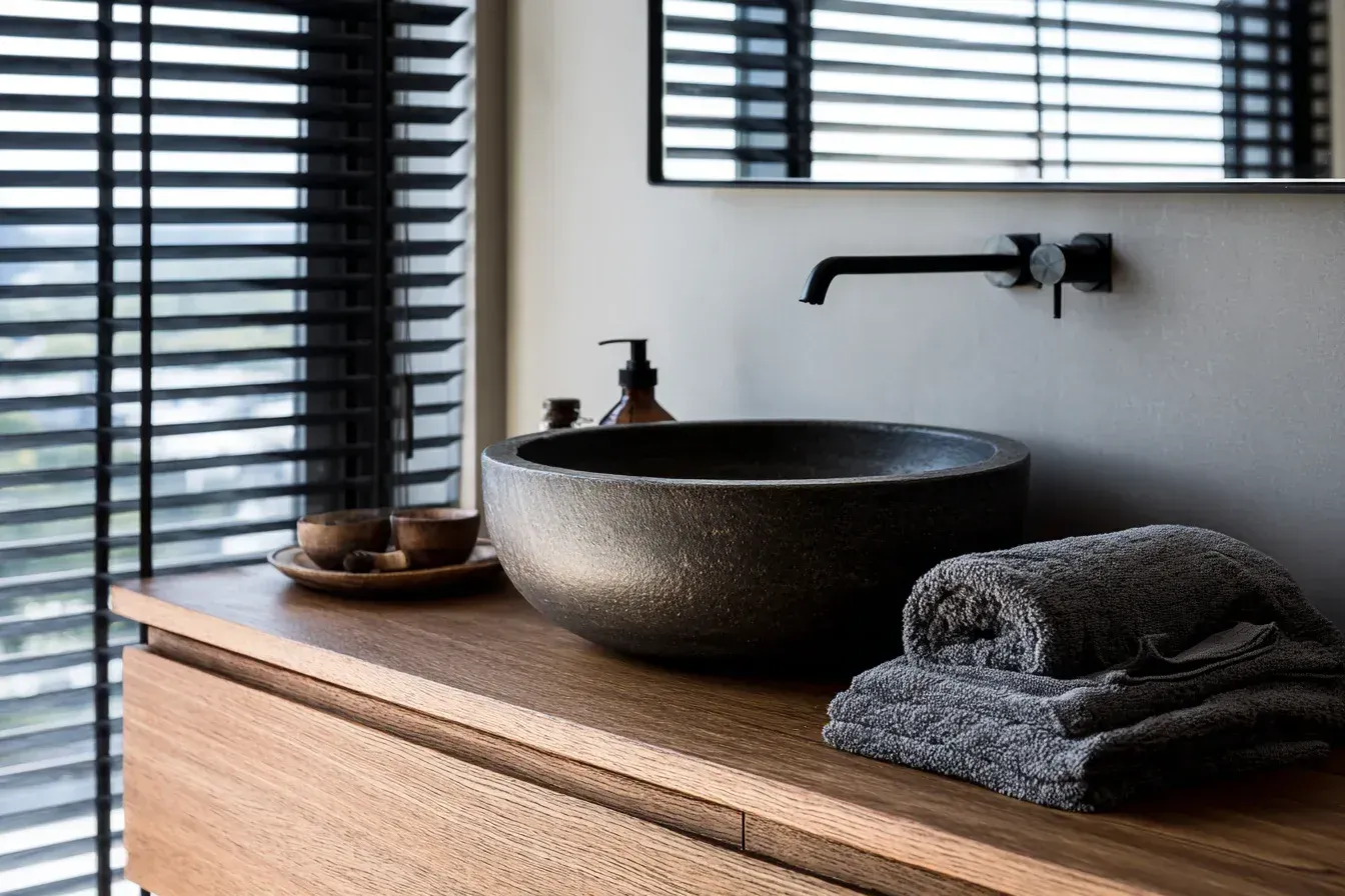 Bathroom vanity with stone sink, black faucet, wooden countertop, and blinds. Grey towels and decor.