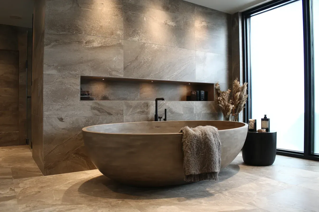 Luxurious modern bathroom with stone tub, tiled walls, and large window.