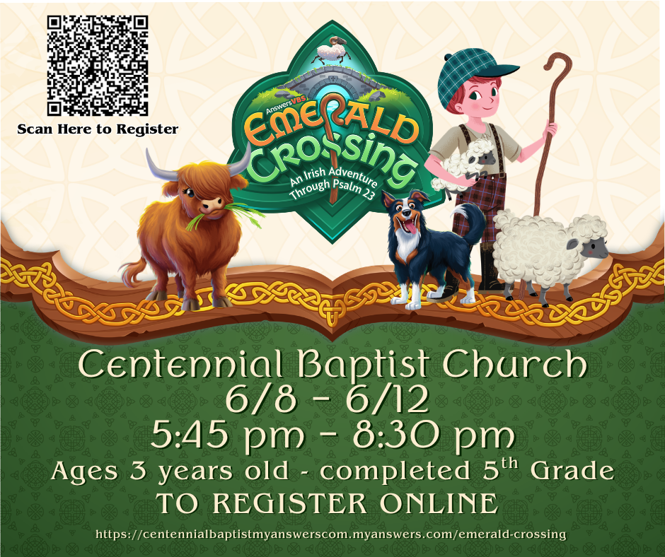 Scan QR code to register or go to : https://centennialbaptistmyanswerscom.myanswers.com/ emerald-crossing
