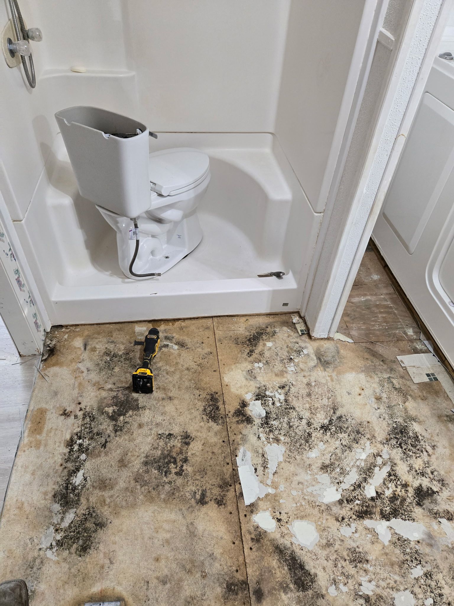 A toilet is sitting in a bathroom next to a shower.