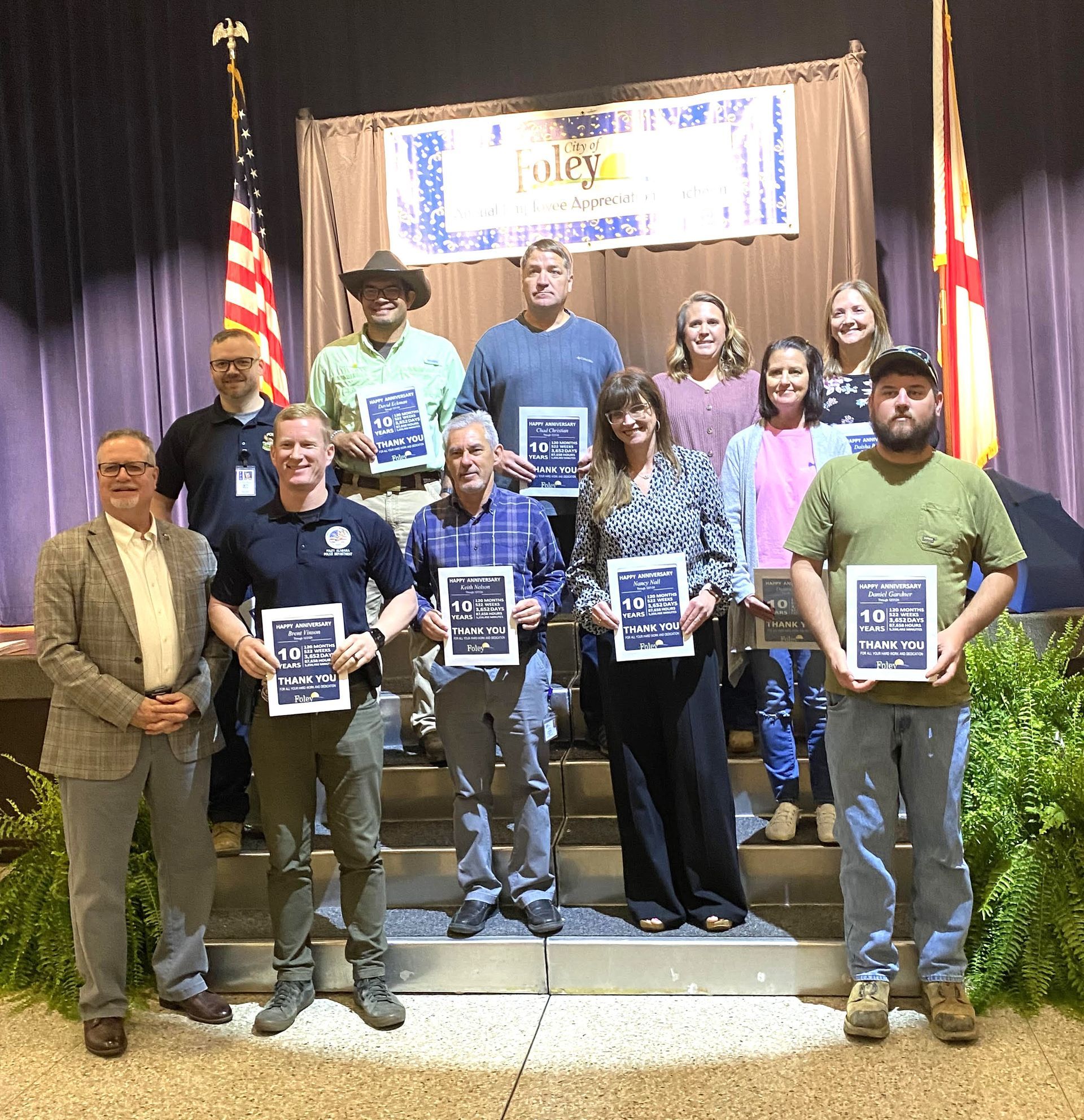 Employees recognized for 10 years of service included Daisha Barnes, Miranda Bell, Randy Cathers, Chad Christian, Micah Cotton, Taylor Davis, David Eckman, Daniel Gardner, Jacob Guthrie, Dianna Irwin, Marc Luhta, Keith Morin, Nancy Nall, Keith Nelson, Brent Vinson and Ken Wright.