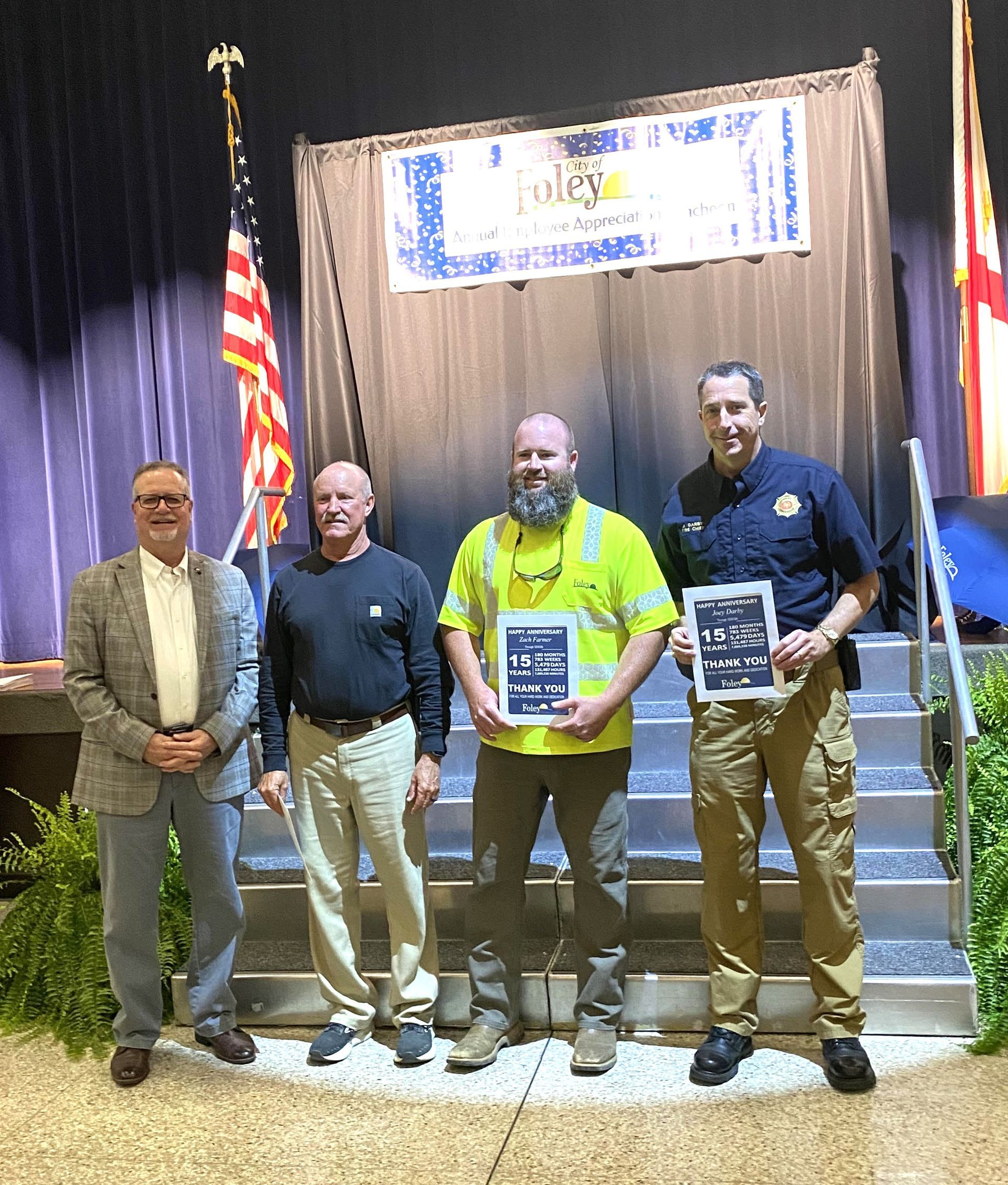 Awards for 15 years of service went to Caleb Bibby, Joey Darby, Zach Farmer and Mark Irwin.