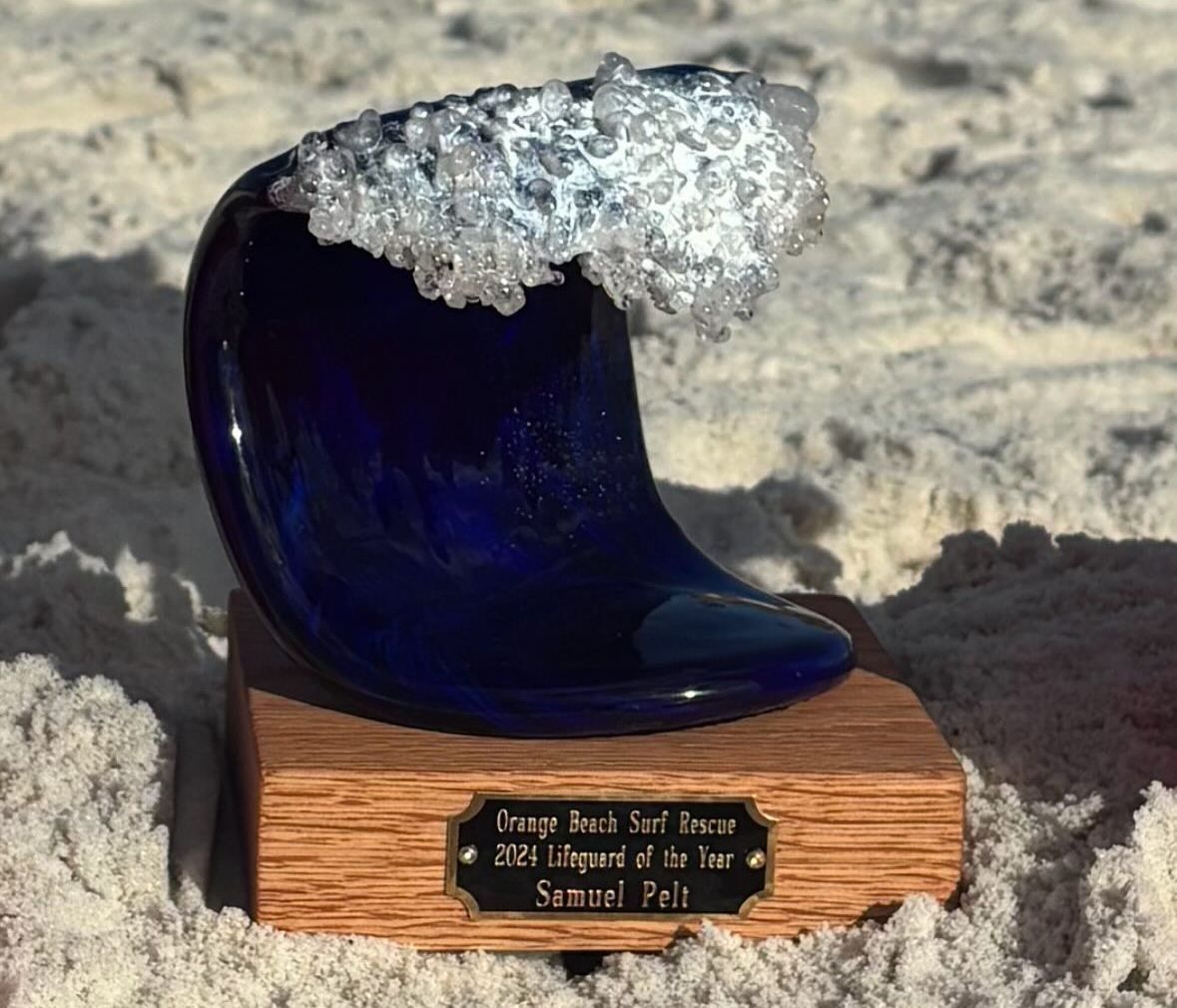 This year's Lifeguard of the Year trophy, created by local artist Kerry Parks.