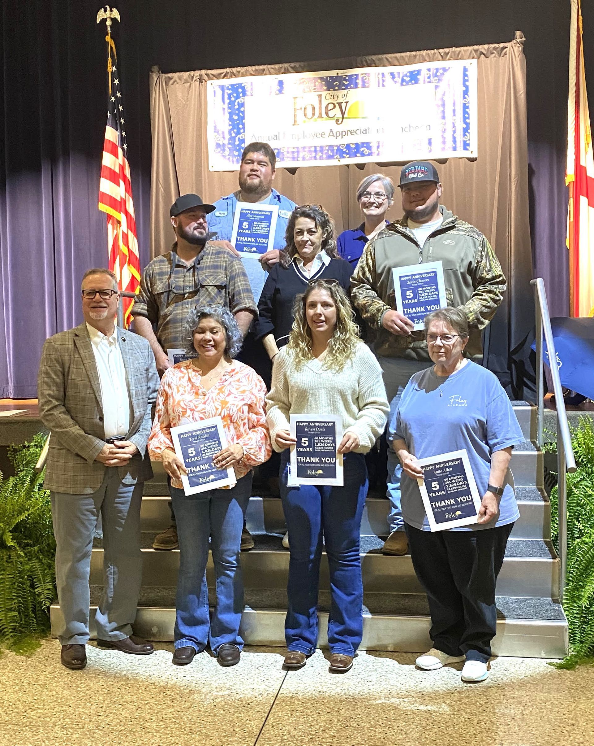 The city presented awards for five years of service to Anita Allen, Samantha Blanquiset, Zevin Chavers, Laura Cooper, Raven Davis, Haley Deisner, Michelle Edwards, Ryan Harrison, Dan Hill, Beth Lamey, Paul Leonard, Jared May, Chase Medders, Nick Parden, Chad Raybon, Terri Redditt, Alex Simpson and Larry Joe Zellers.
