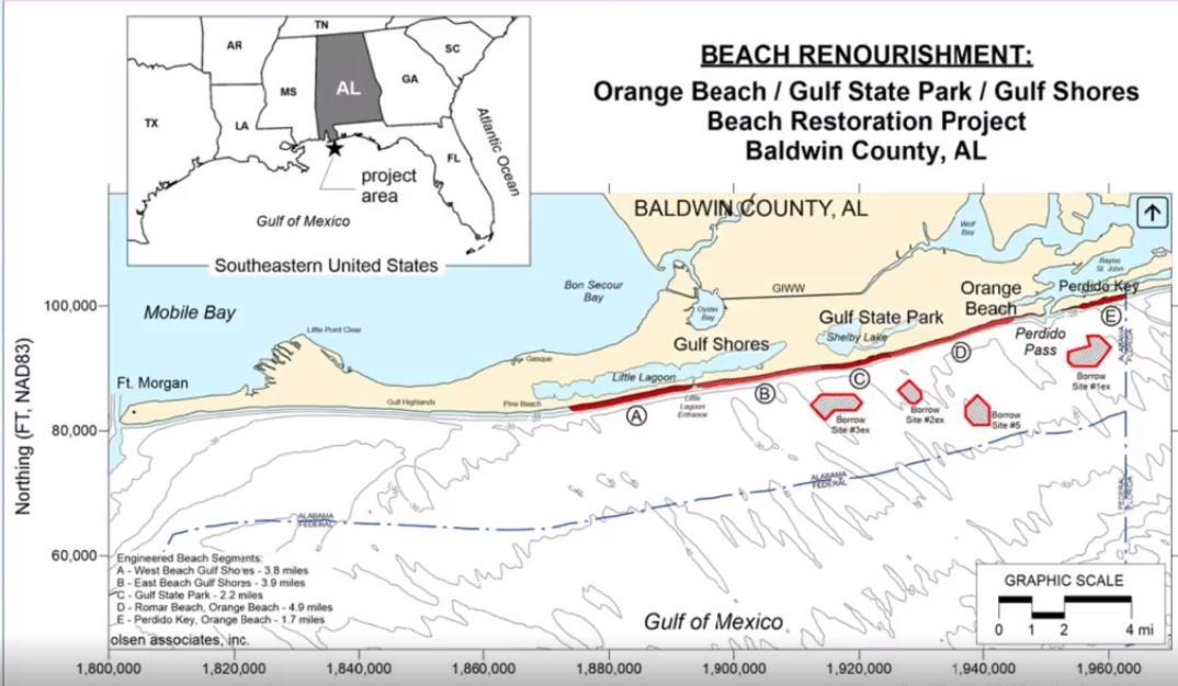 There are four areas off the Alabama Gulf Coast where sand will be  to cover eroded areas.