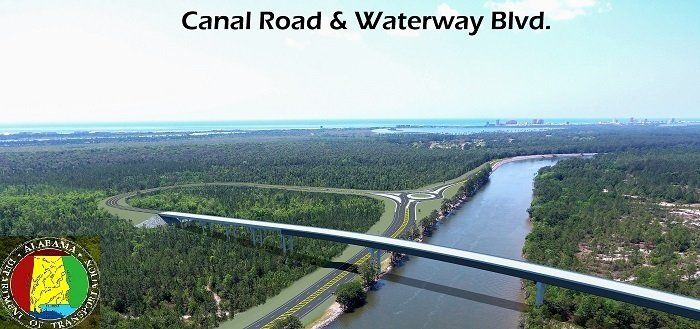 Rendering of a bridge spanning the Intracoastal Waterway on Canal Road in Gulf Shores, Alabama.