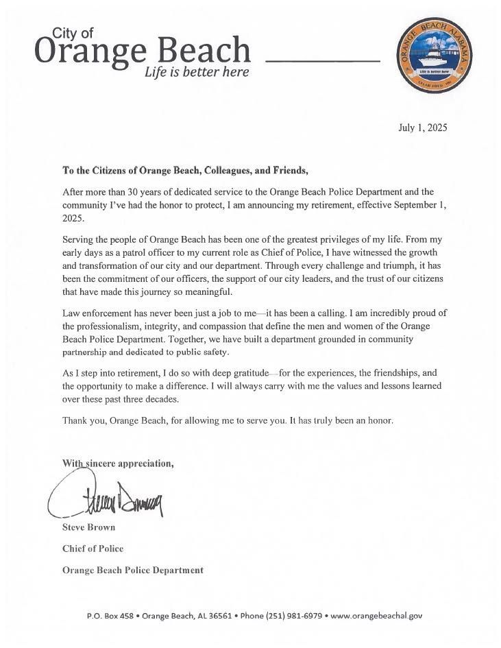 Chief Brown's Letter to Citizens of Orange Beach
