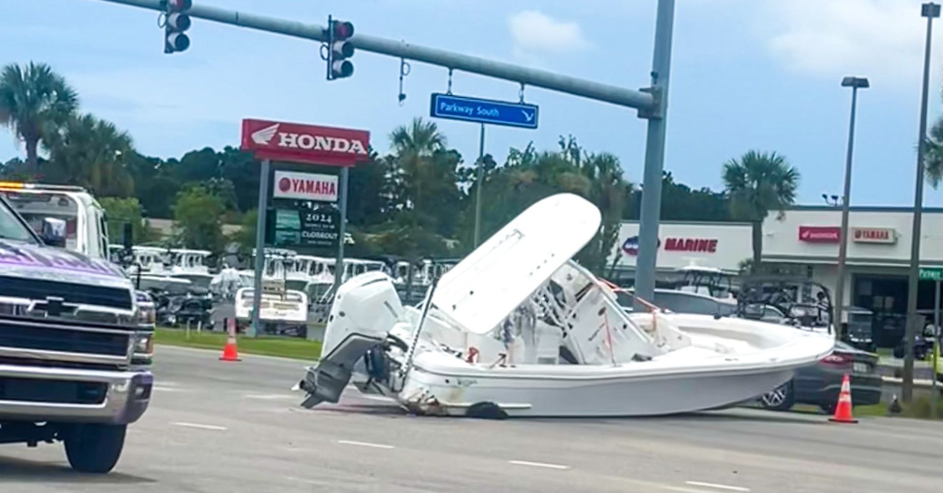 Boat in the road at the accident scene. Photo by Jessica A. Taylor