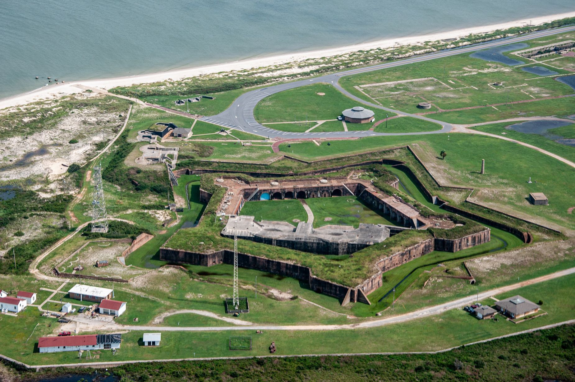 Aerial view of Fort Morgan Alabama at the mouth of Mobile Bay