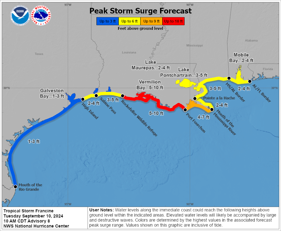 Francine Storm Surge Forecast at 10am