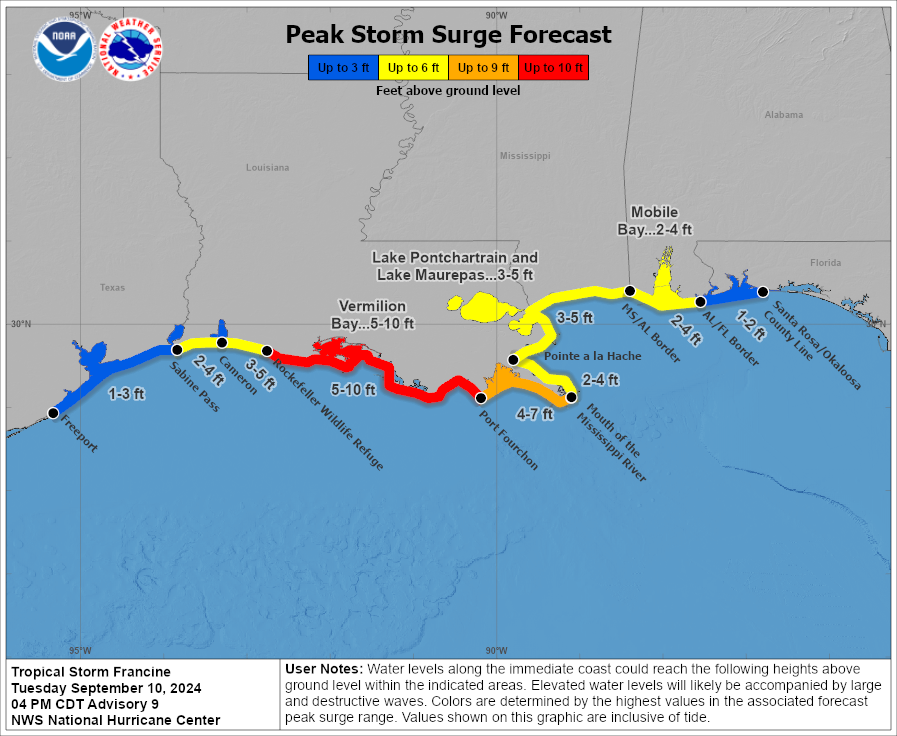 Tropical Storm Francine Surge Map at 4pm.