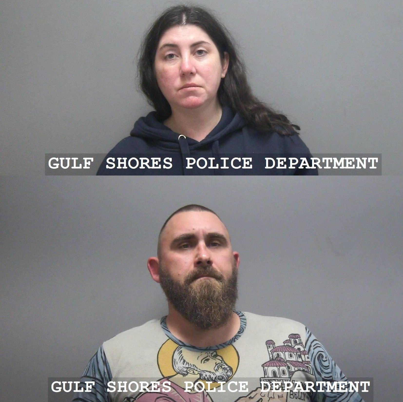 Gulf Shores Police Dept. Mug Shots for Marianne Hough Savage and John William Savage.