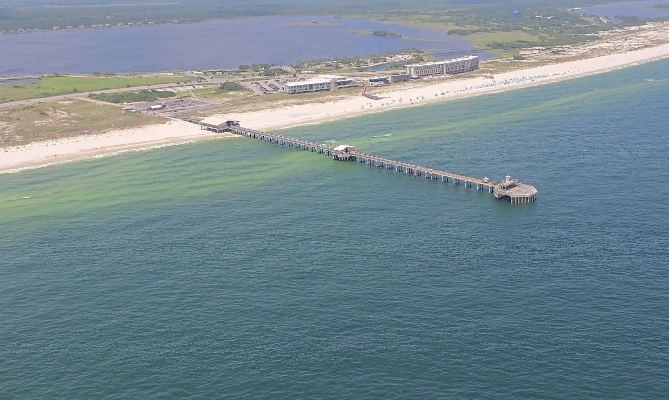 Gulf State Park Pier Photo taken by R. Ken Cooper flying with Lost Bay Helicopters on May 25, 2024 - Stock Photo