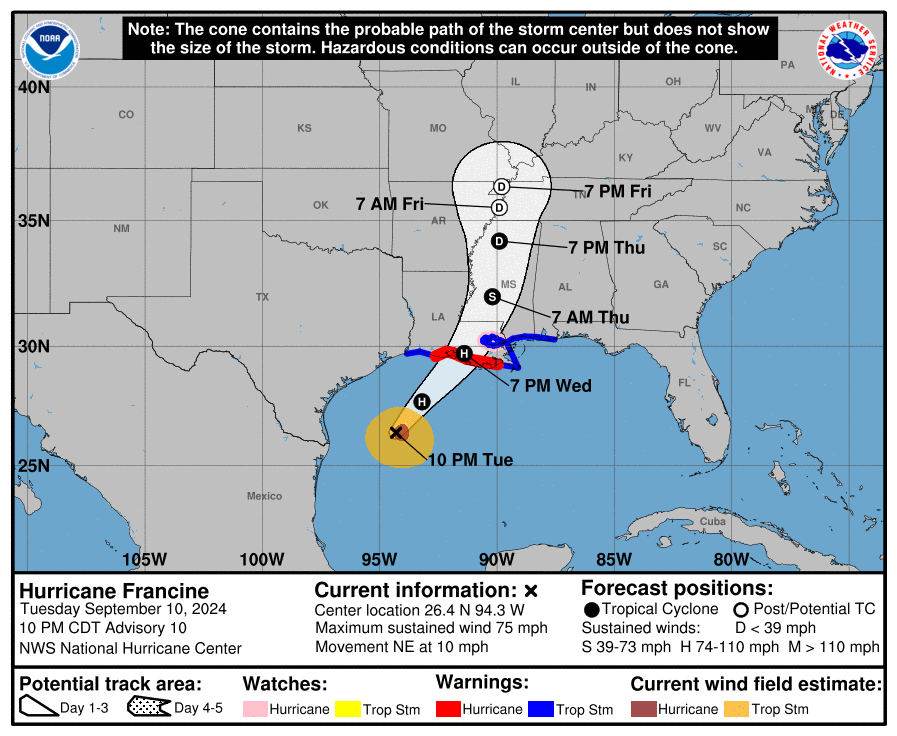 Hurricane Francine Update at 10pm on 9-10-2024