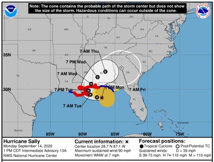 Tracking map of Hurricane Sally from the National Hurricane Center.