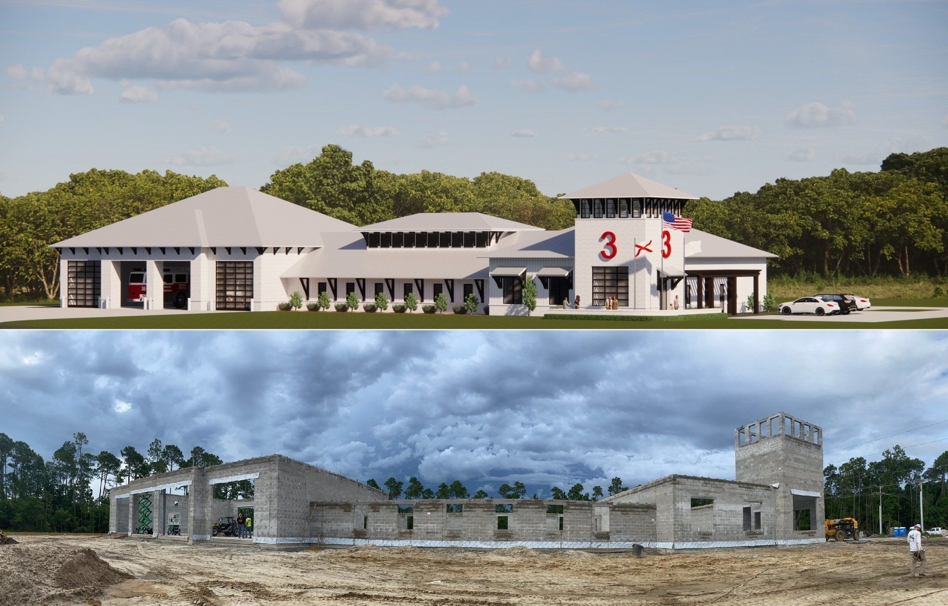 Above is a rendering of the new Orange Beach, Ala., fire station and below is the construction site.