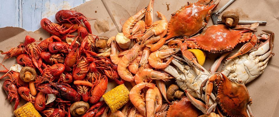 Seafood boil with crawfish, shrimp and crabs from Rouses Market in Orange Beach, Alabama.