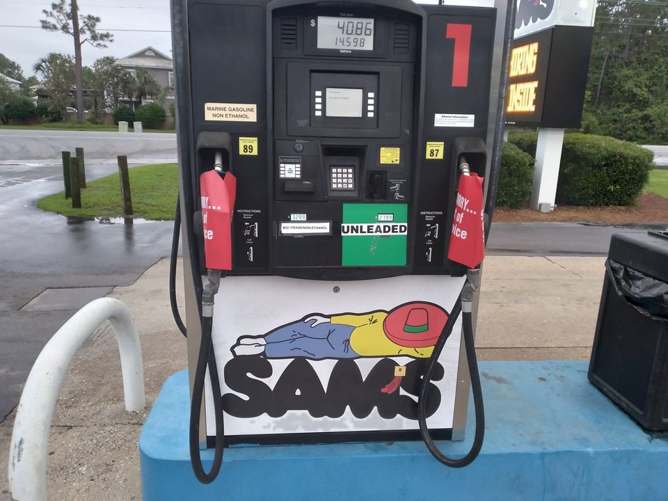 Gas pumps at Sam's Stop 'N' Shop in Orange Beach, Alabama, are covered up.
