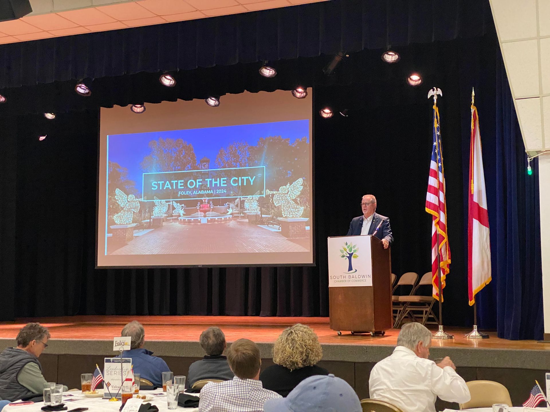 Mayor Ralph Hellmich delivers his 2024 State of the City address at the Foley Civic Center.