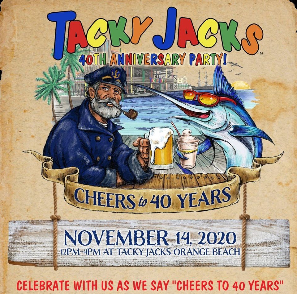 Logo for Tacky Jacks 40th anniversary celebration in Orange Beach, Alabama.