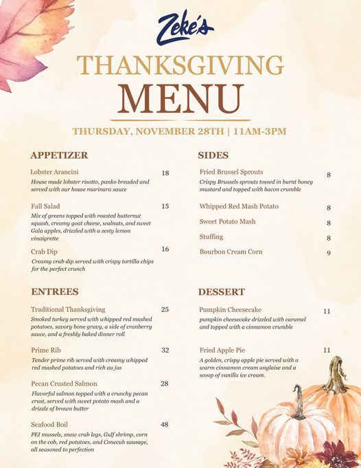 Zeke's Restaurant Thanksgiving Menu