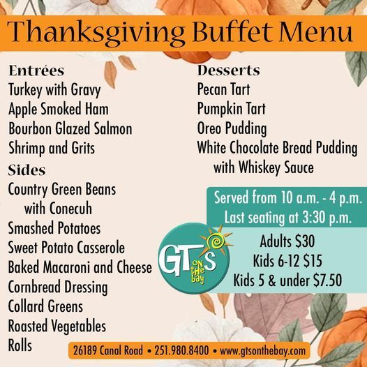 GTs on the Bay Thanksgiving Menu