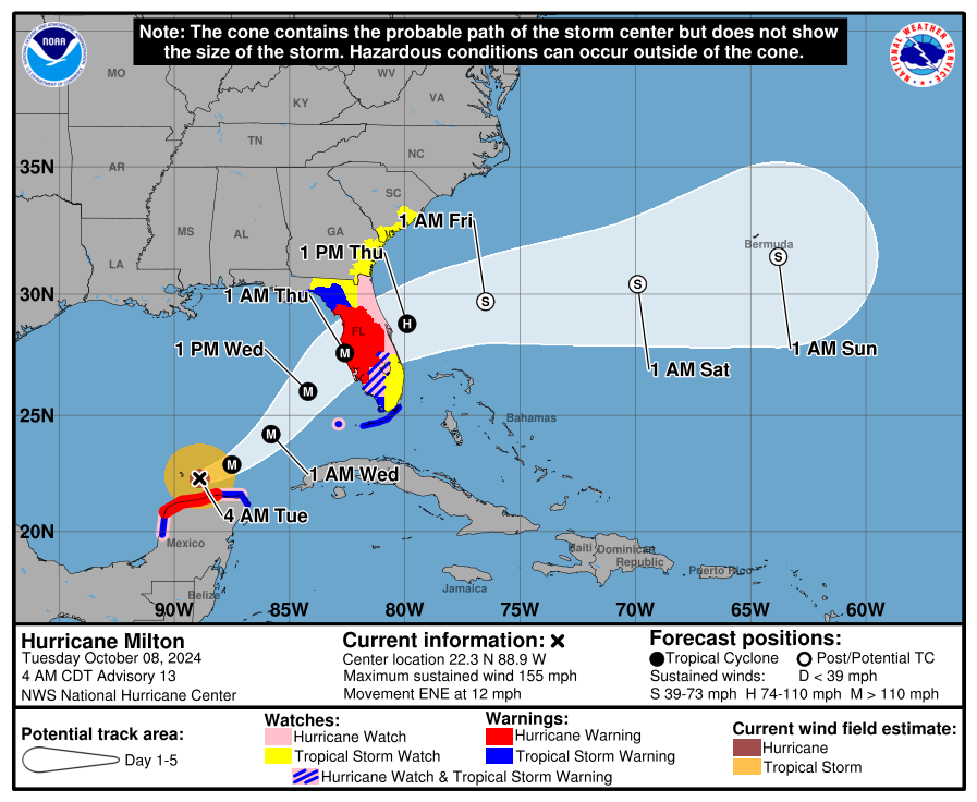 An example of the 2026 version of the cone graphic for Hurricane Milton (2024) that shows inland watches and warnings. (Image: NOAA National Hurricane Center)