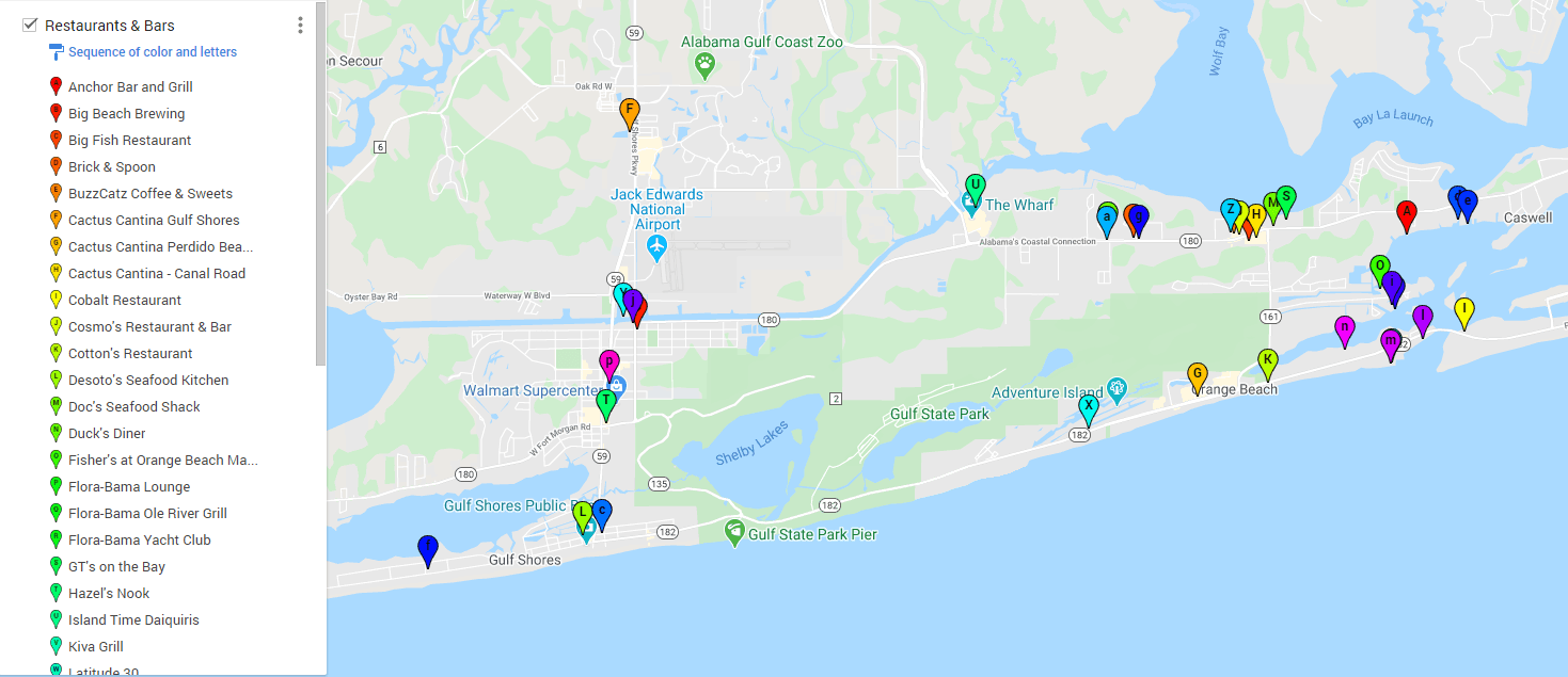 Map of restaurants in Gulf Shores and Orange Beach, Alabama.
