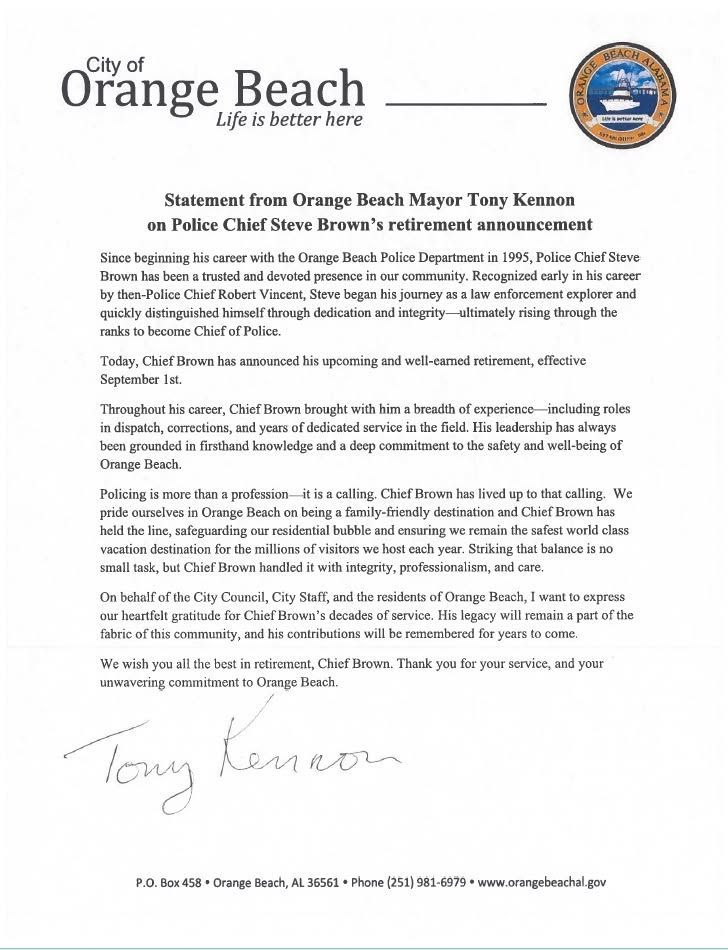 Mayor Tony Kennon's Letter about Chief Brown's Retirement
