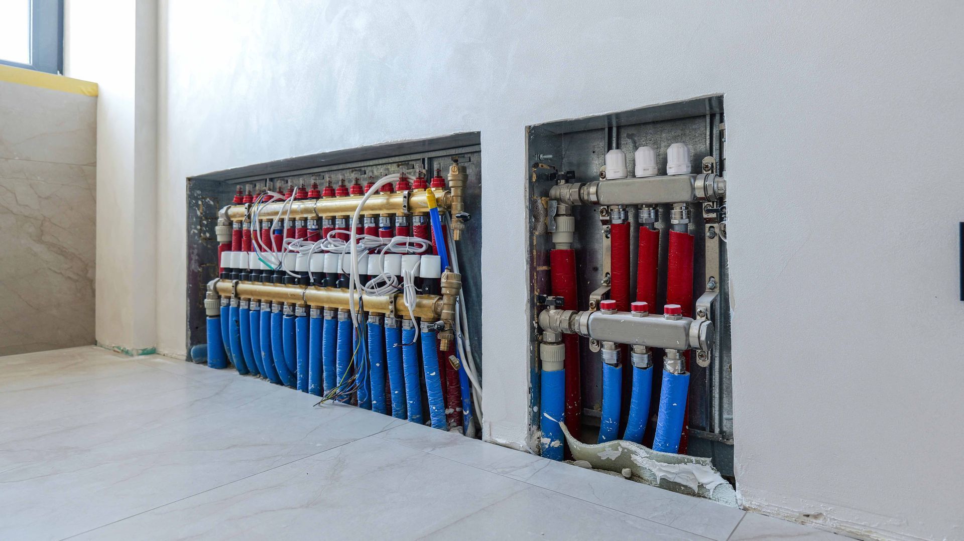 Two recessed wall panels with red and blue pipes and valves for a radiant heating system.