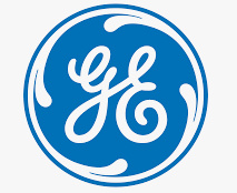GE logo: Blue circle with white GE letters inside, stylized with flowing lines.