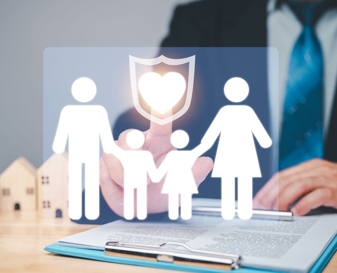 A man is holding a clipboard with a family icon on it