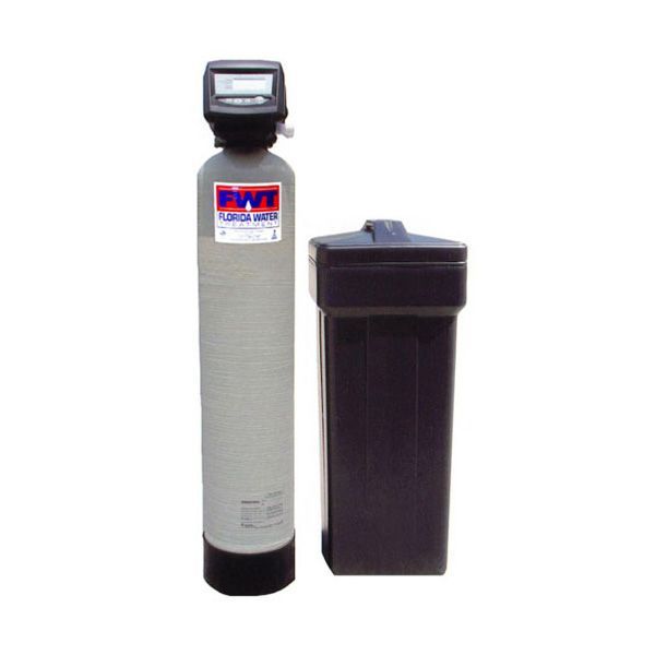 A gray and black water filter with a black tank next to it