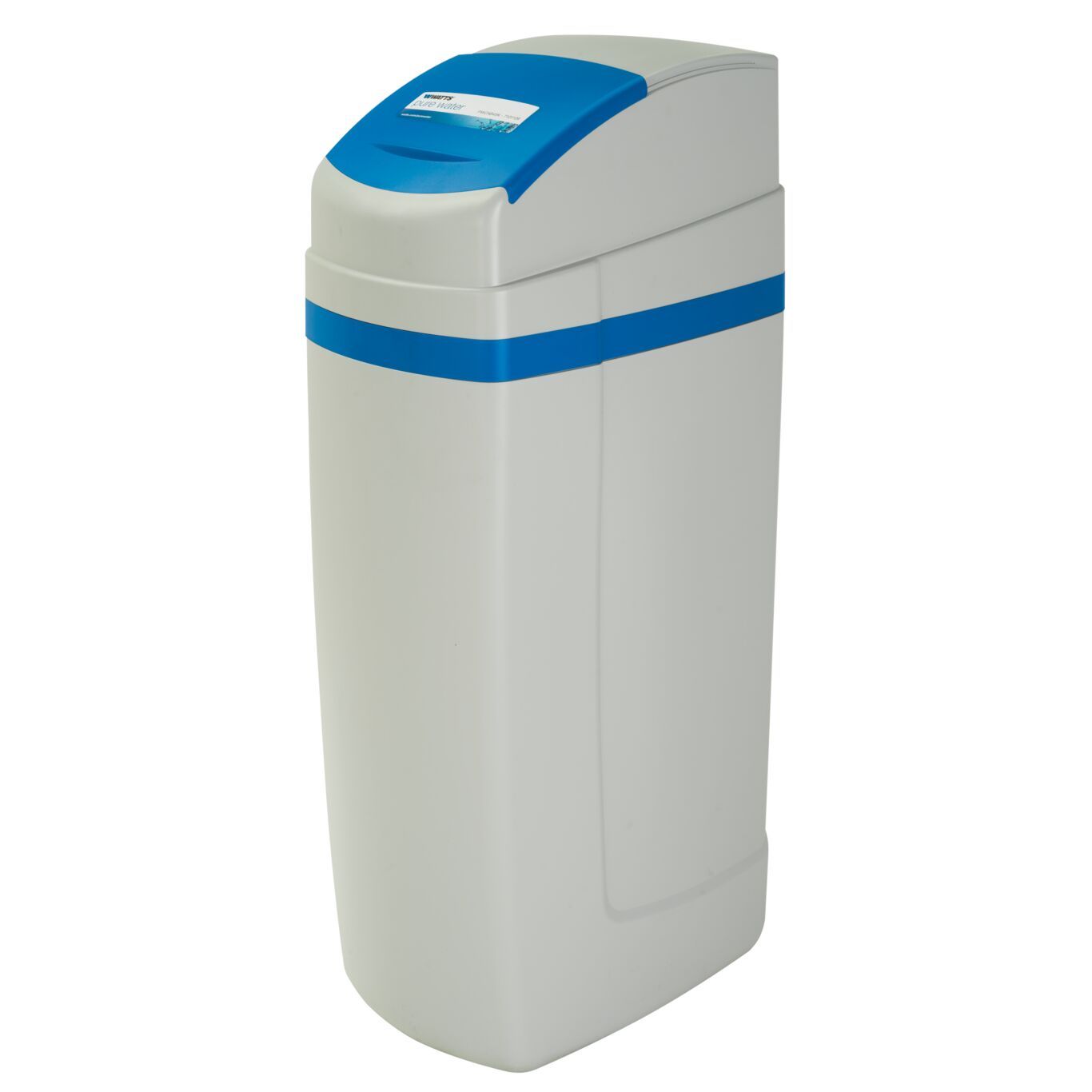 A white and blue water softener with a blue lid