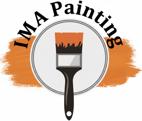 IMA Painting logo featuring a paintbrush with orange paint over a white and grey circle, on an orange background.