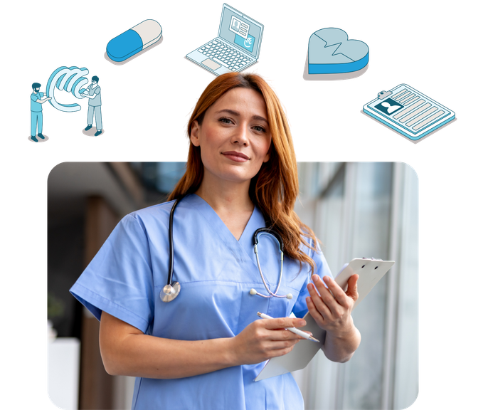 Nurse holding clipboard and pen, smiling. Medical icons above: pill, laptop, heart, file.