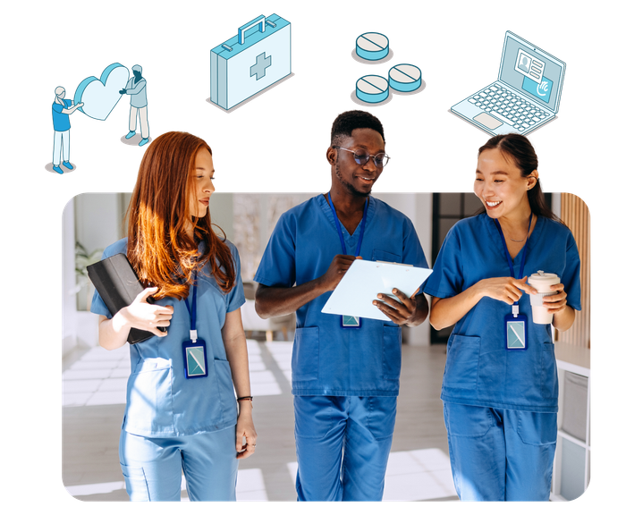 Nurses in blue scrubs walking and talking, with healthcare icons above them.